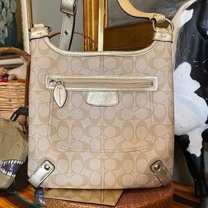 COACH Signature Shoulder CrossBody Bag F15704 in Gold Beige Canvas Embossed Lthr